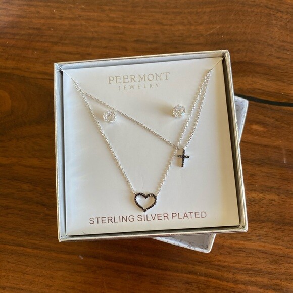 NIB Sterling Silver Plated Earring Necklace Set Heart Cross Layered