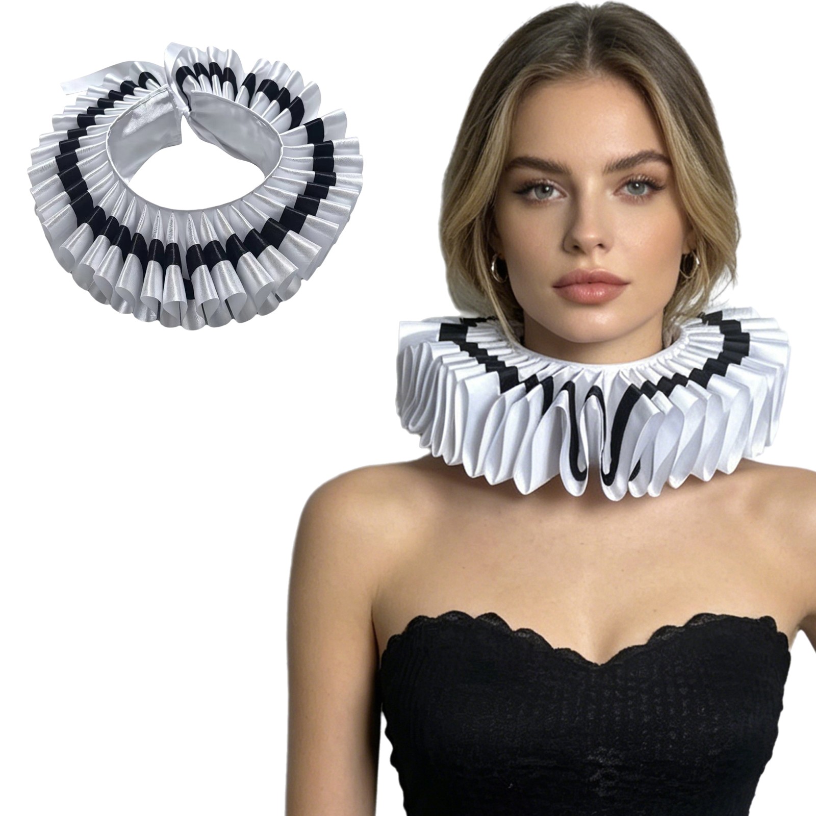 Women Clown Collar Detachable Neck Ruffled Cosplay Faux Collar Cuffs Set Retro