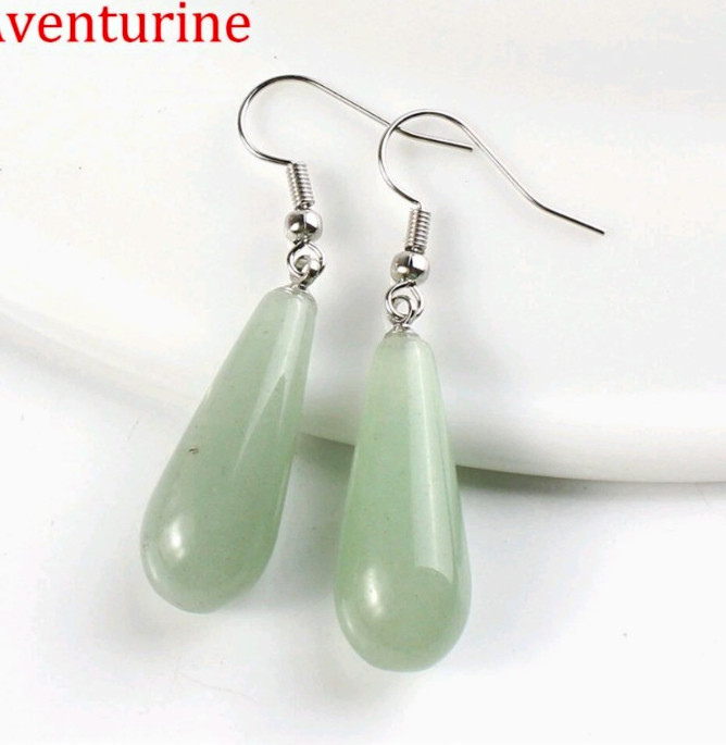 Green Aventurine Teardrop Dangle/Drop Earrings, Hook Closure, 2 Gemstones