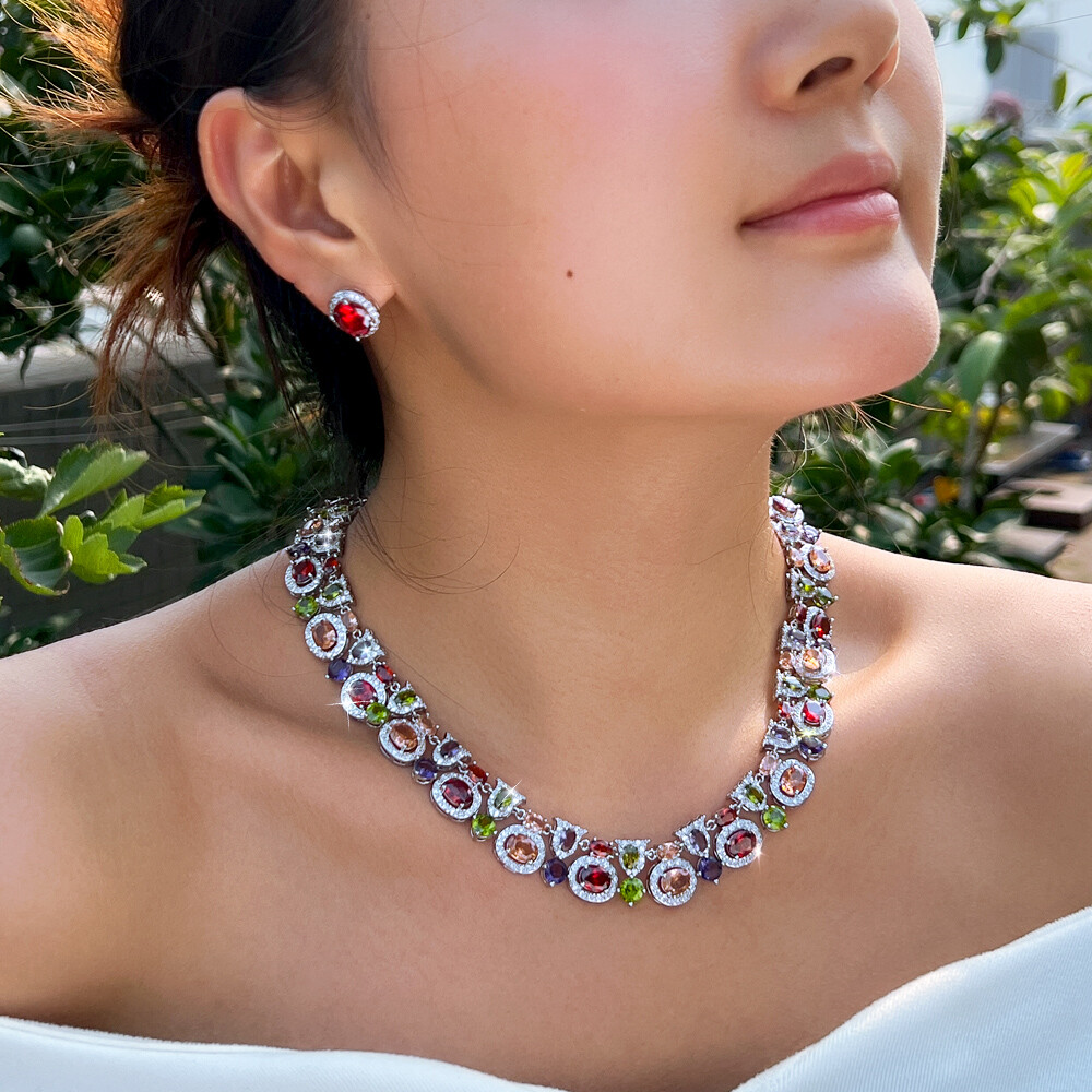 Multicolor Oval Geometric Necklace Earrings Silver Plated CZ Bridal Jewelry Set