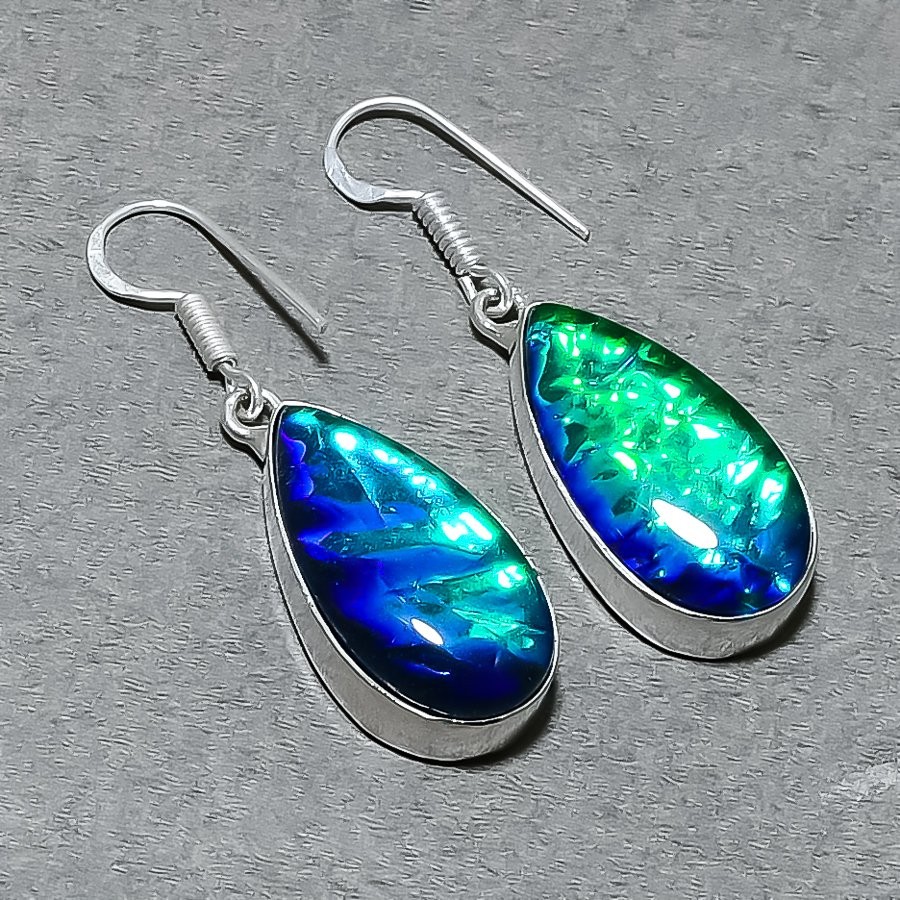 Green Ammolite Pear Shape Gemstone Handmade Gift Jewelry Earrings 1.8″ SR 15501
