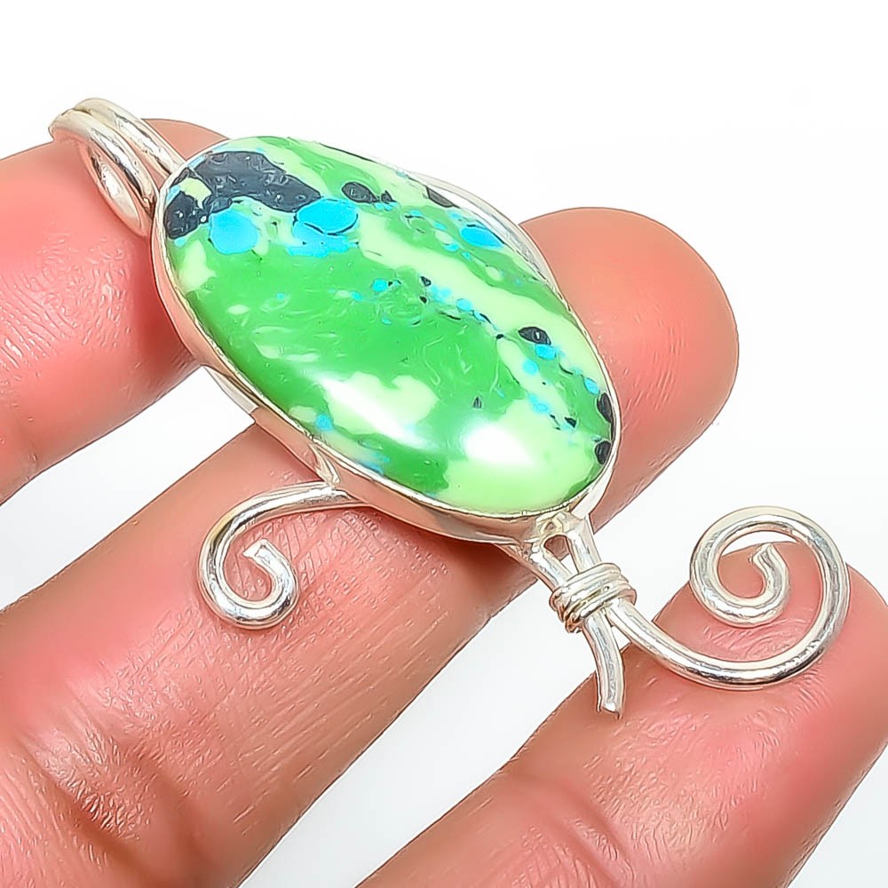 Azurite Malachite Handmade Silver Plated Pendant 2.26″ P1635-2