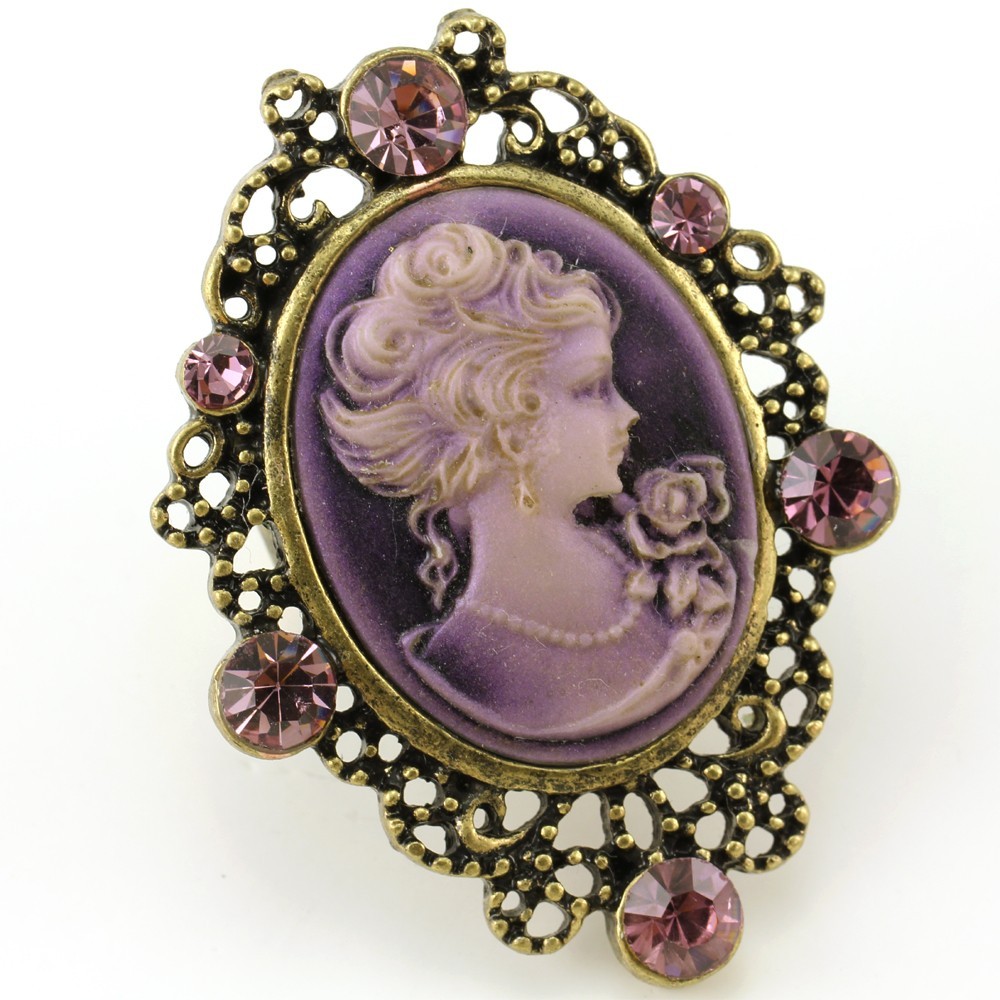 Bronze Brass Gold Tone Plum Purple Cameo Ring Adjustable Size Band Designer w1