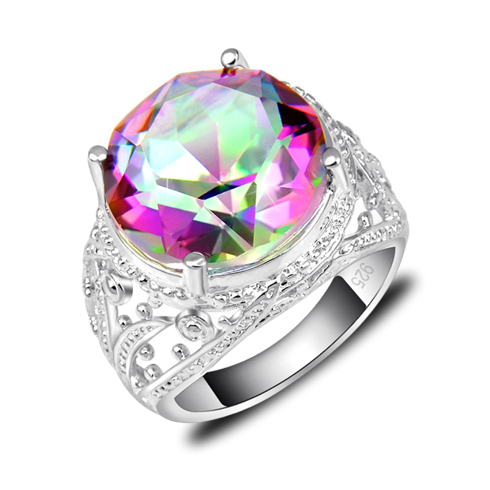 12 Pcs 1 Lot Xmas Wholesale Set Mixed Mystical Rainbow Topaz Gems Silver Rings