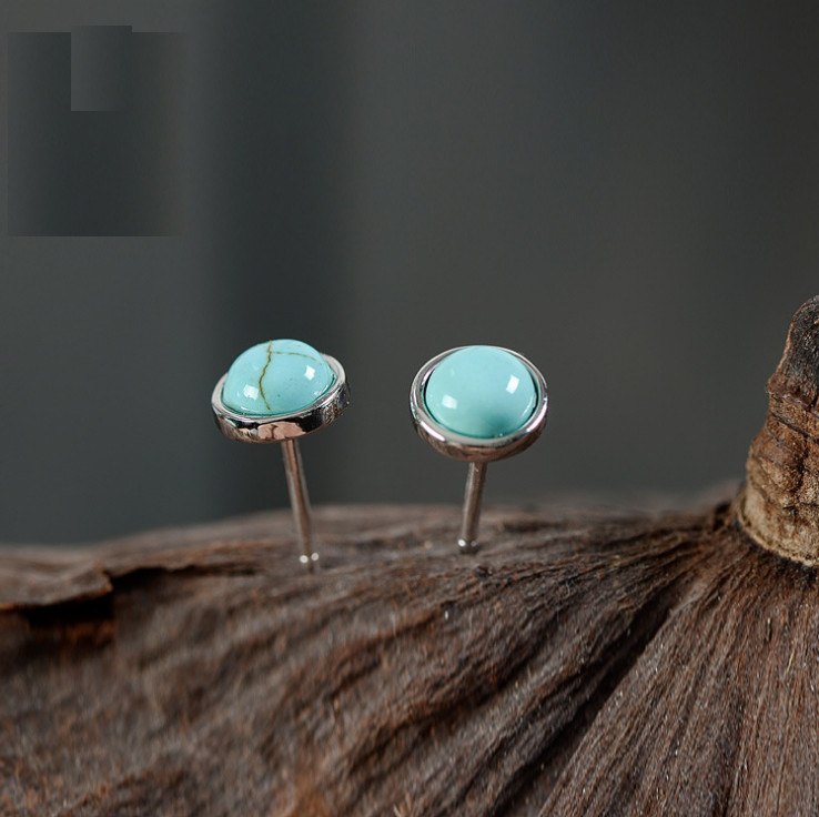 6mm S925 Sterling Silver Round Natural Turquoise Stud Earrings Gift Box PE60