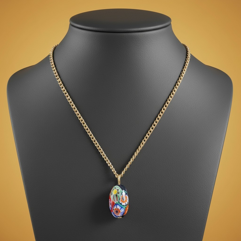 Venetian Millefiori Floral Glass Bead Pendant Necklace Gold Tone Chain 16″