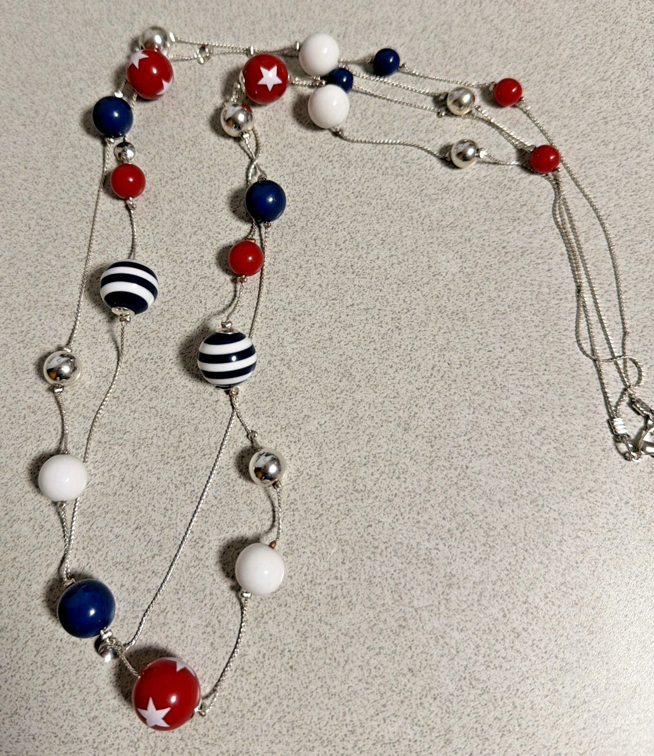 Red White Blue 32” Long Multi Strand Necklace Patriotic Star Stripe Beaded 250th
