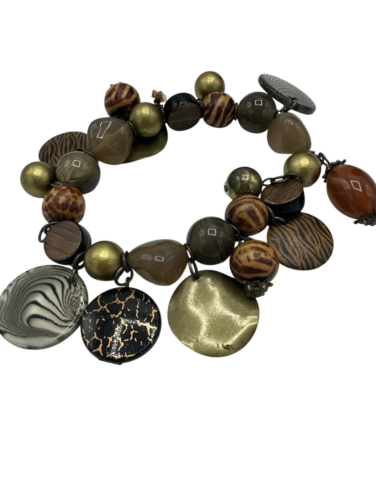 VTG Beaded Charm Bracelet Dangle Bead Rustic Boho Green Brown Chunky Stackable