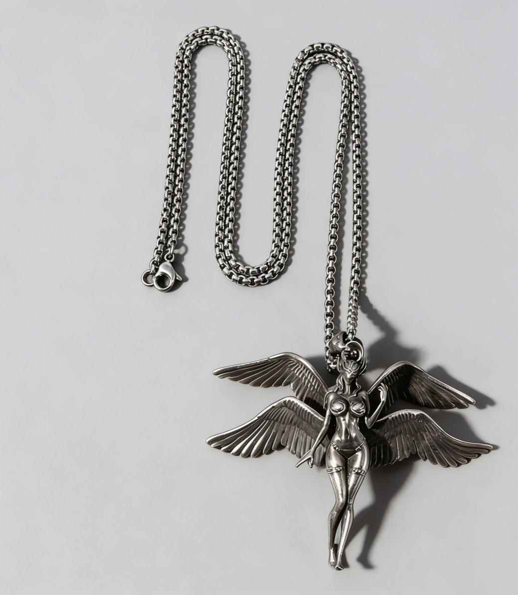 Fashion 3D Alloy Four Wings Angel Pendant Silver Plated Box Chain Necklace 55cm
