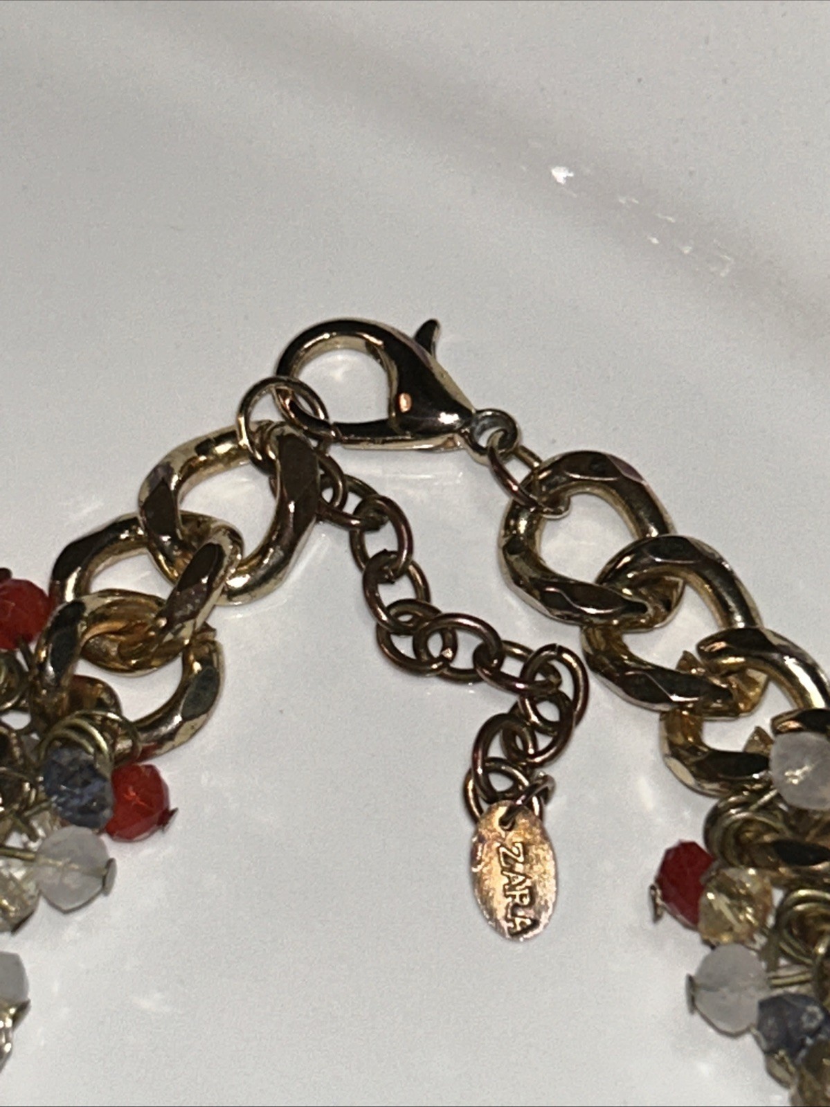 ZARA Gold Tone Chain Statement Necklace Cluster Beads, Blue, Red, Bronze 17-20”