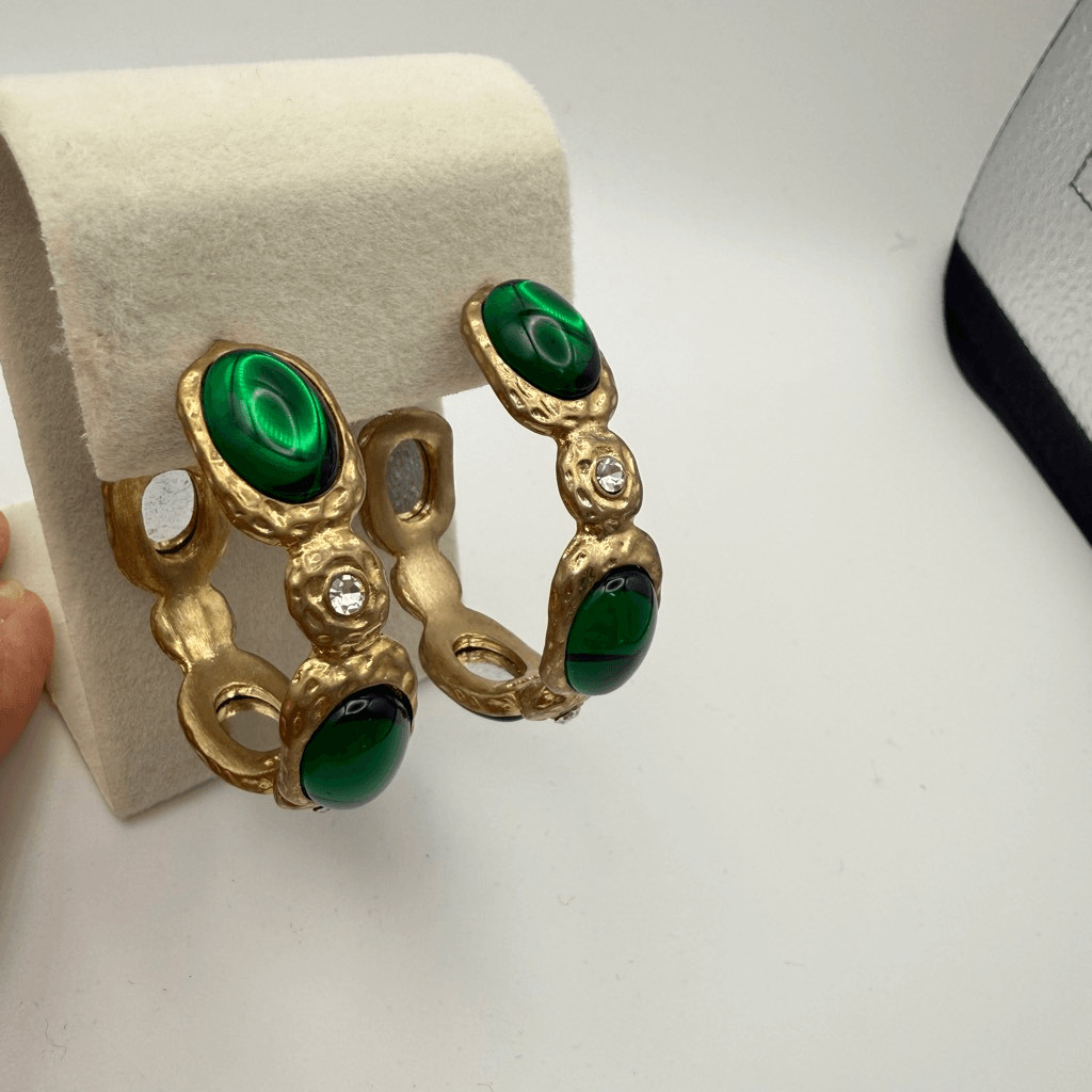 Kenneth Jay Lane vintage gold-tone hoop earrings faux emerald cabochons New
