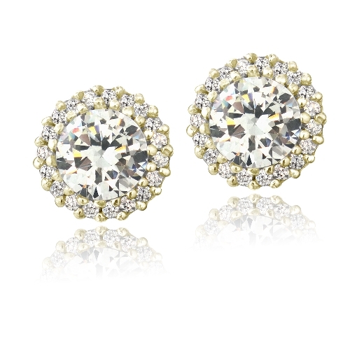 Gold Tone over 925 Silver CZ Halo Stud Earrings