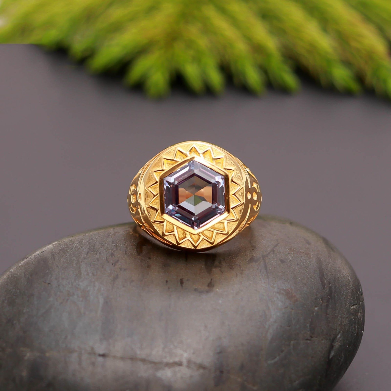 Color Changing Alexandrite Hexagon Ring 925 Sterling Silver Gold Plated Jewelry