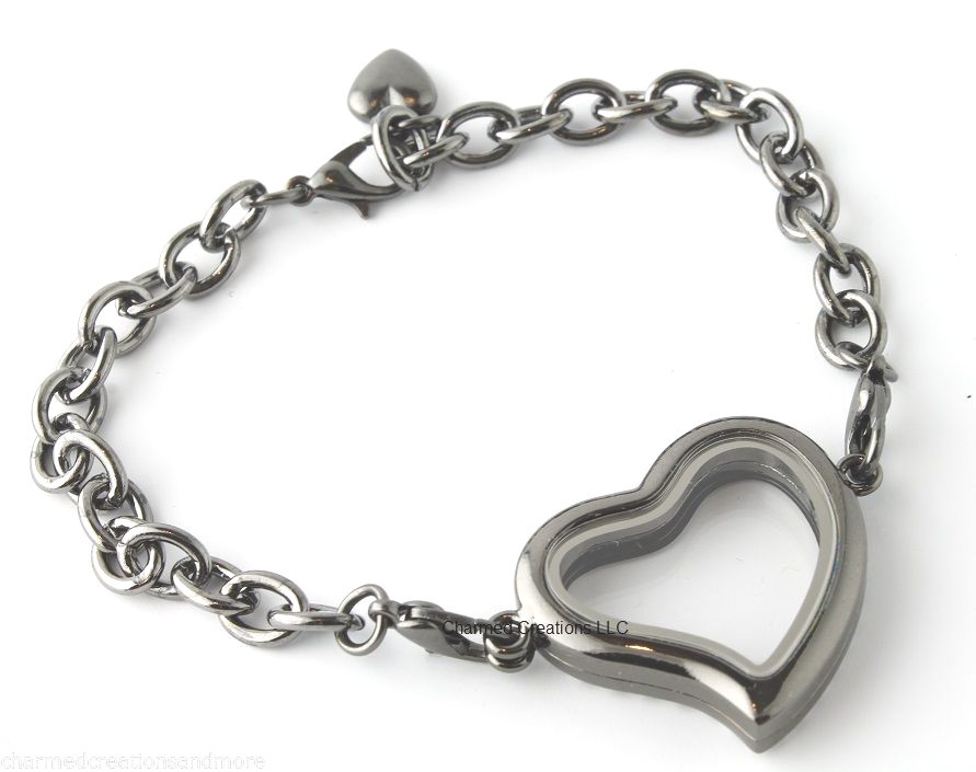 Floating Charm Locket Bracelet Black Gunmetal CZ Crystal Heart SECURITY CLASP