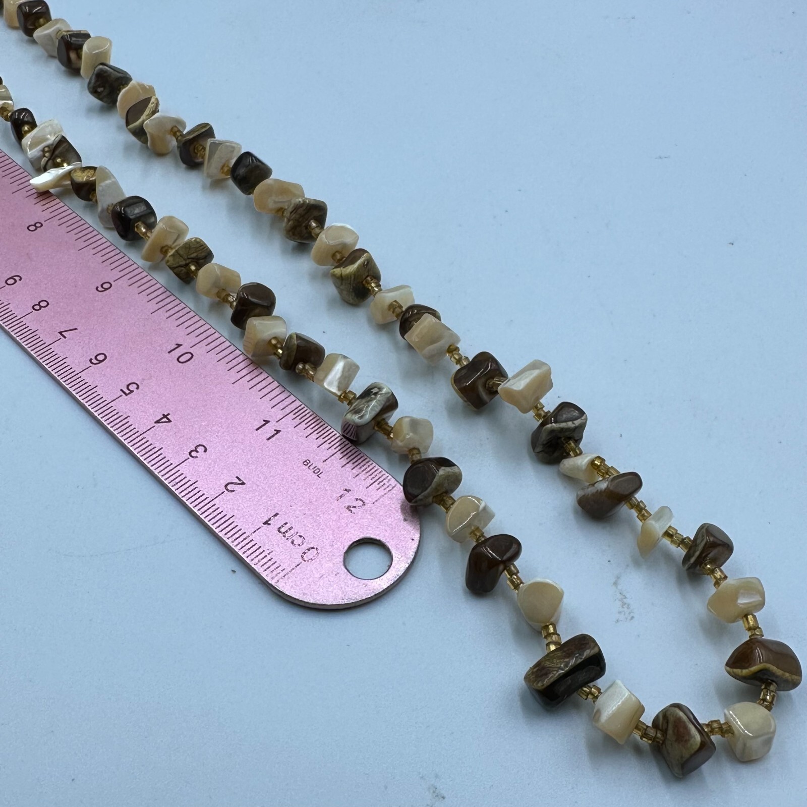 Neutral Tone Chip Bead Necklace Brown Beige Shell Look Single Strand Natural 28″