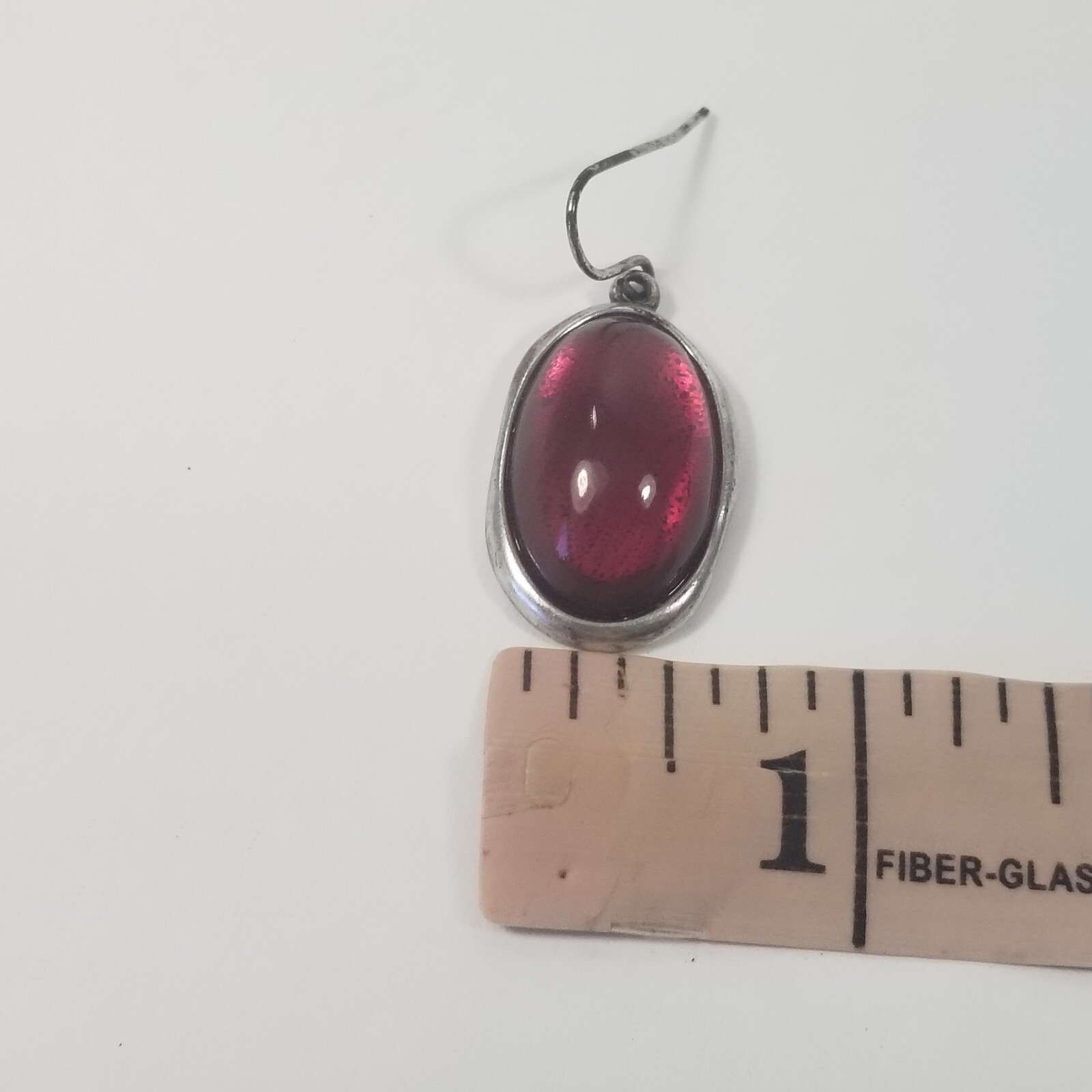 Pierced Earrings Silver tone Pink Cabochon Oblong Glass Beaded Dangle 1″