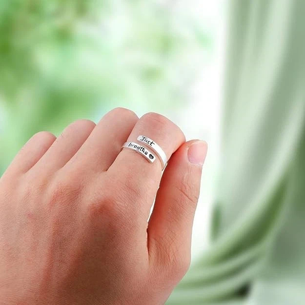 Just Breathe Silver Adjustable Ring for Women Inspirational Positive Jewelry