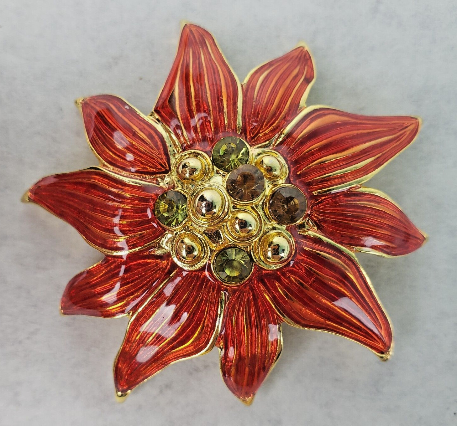 Christopher Radko Poinsettia Red Emamel Gold Tone Christmas Brooch Pin Pendant