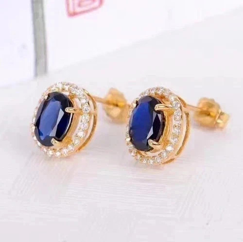 3.75 Ct Oval Cut Blue Sapphire Earrings Gift Earrings 14K Yellow Gold