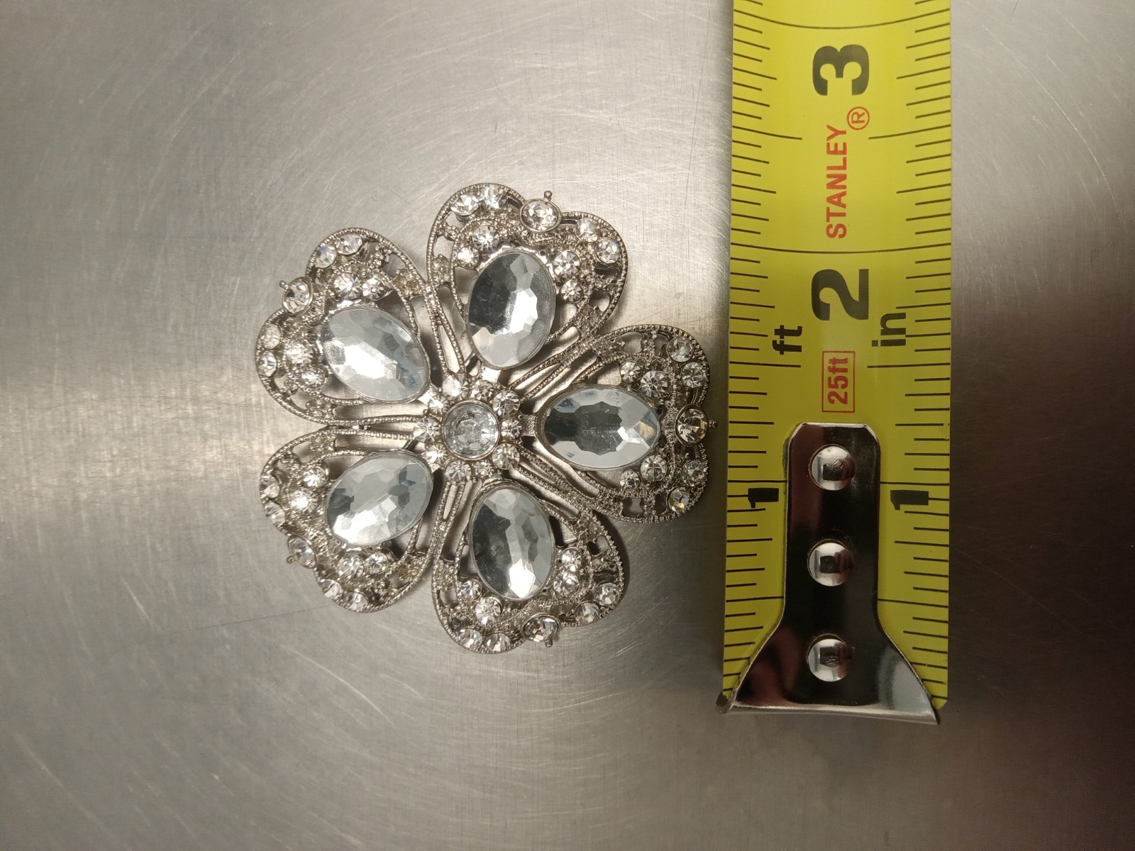 Large 2″ Clear Rhinestone Cluster Flower Brooch Pin Silver Tone Fashion Costume