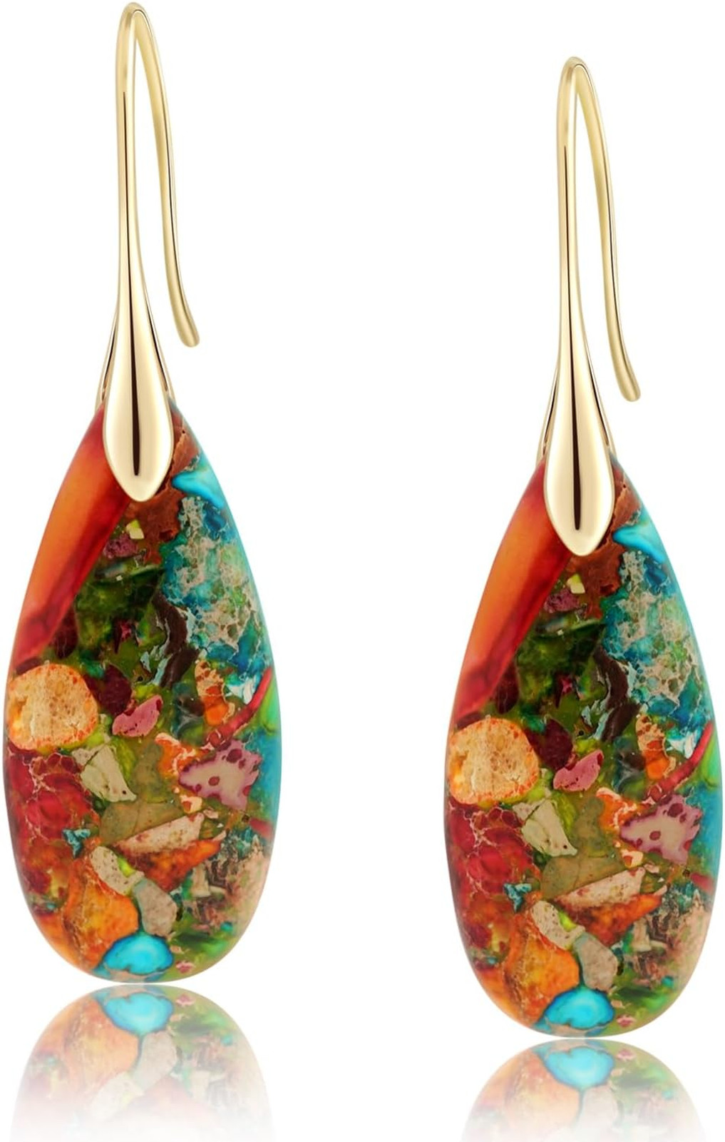 Natural Healing Stone Fishhook Dangle Drop Earrings Gold Silver Statement