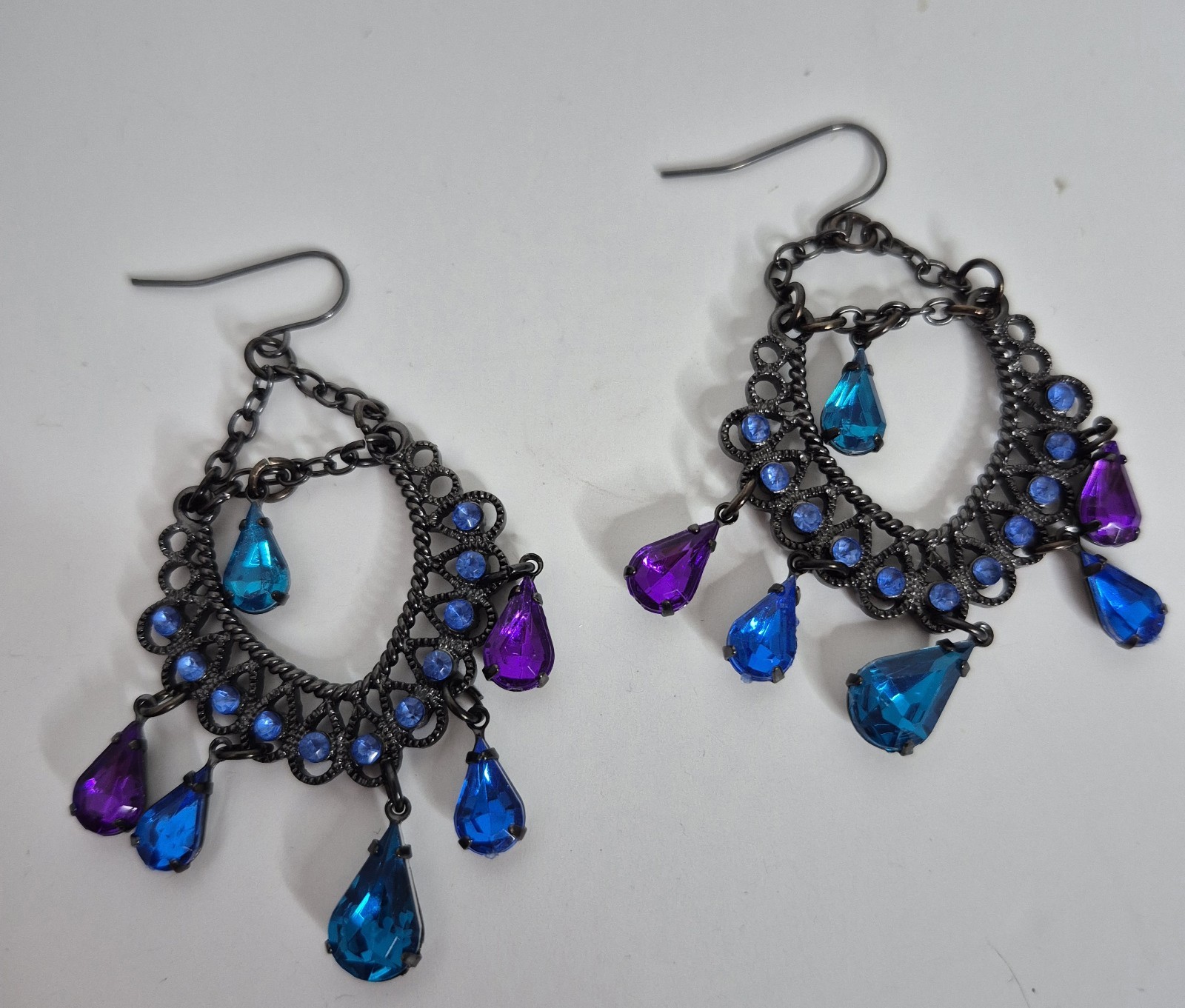 Black Metal Dangle Earrings With Blue Purple Rhinestone 2.25″