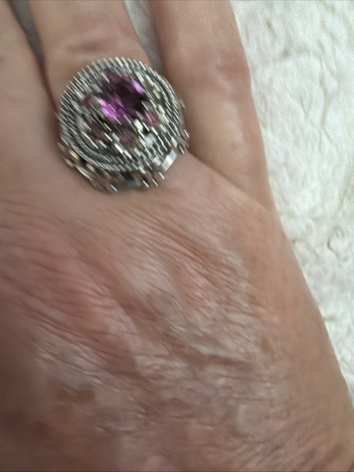 LARGE Stamped W GERMANY SILVER RING Gemstone SIZE 6 Amethyst Adjustable Sz 6-8