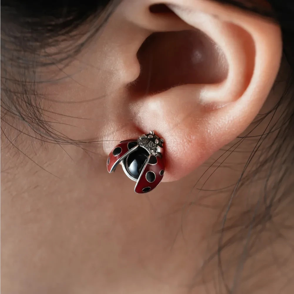Oxidized Silver Ladybug Studs, Gemstone Earrings, Valentine’s Day Gifts
