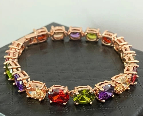 27 CTW Multicolor Gemstone Tennis Bracelet 18K Rose Gold Plated Women Jewelry