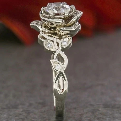 1.5ct Round Cut Simulated Diamond Flower Solitaire Ring 14k White Gold Plated