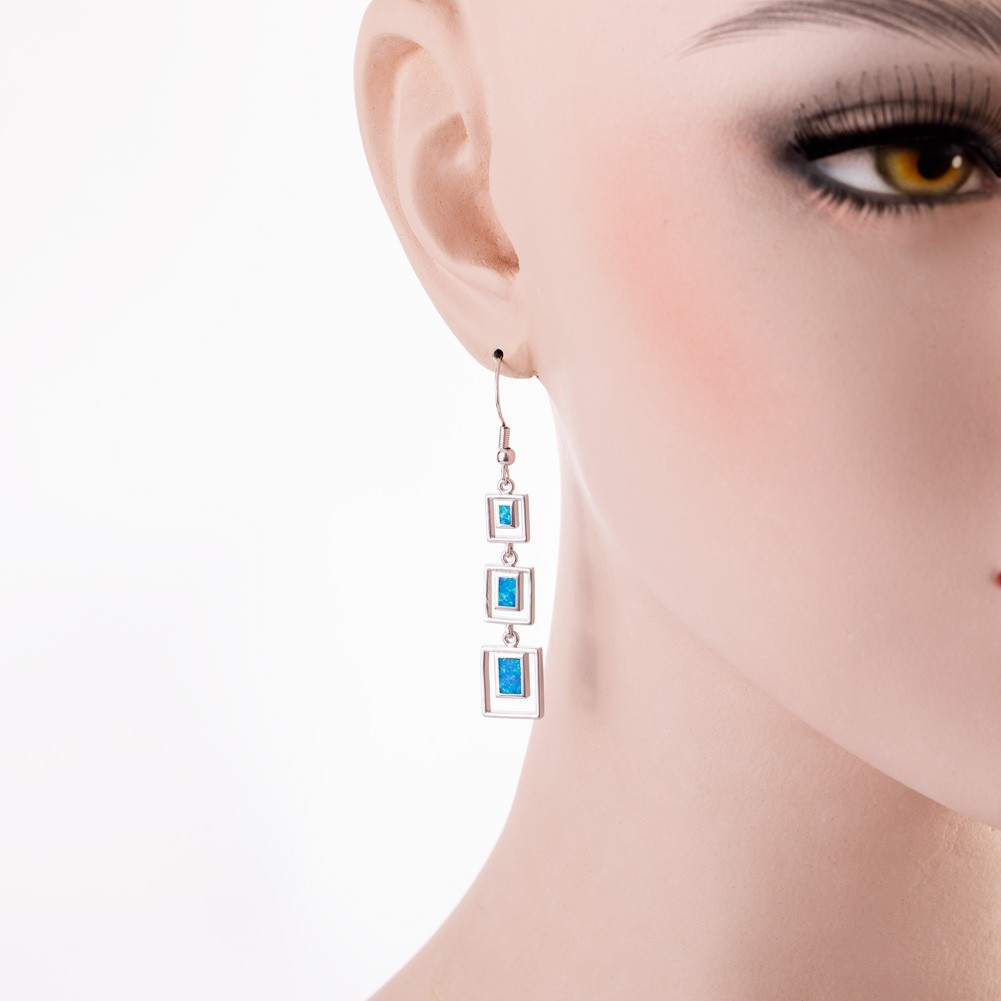 3 Rectangle Shape Ocean Blue Fire Opal Silver Jewelry Dangle Drop Earrings