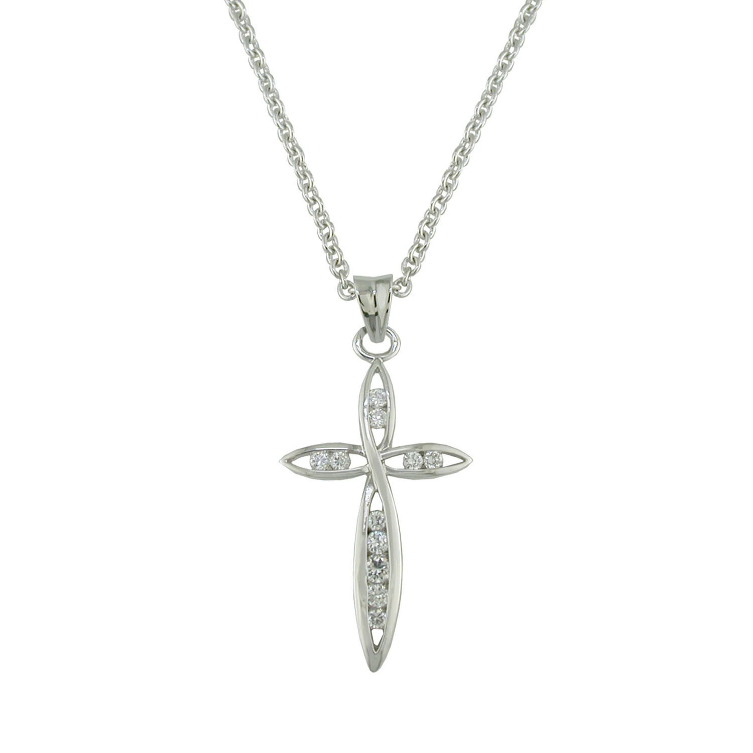 Rhodium necklace with cross with round white CZs on a 16 inch plus 2 inch extend
