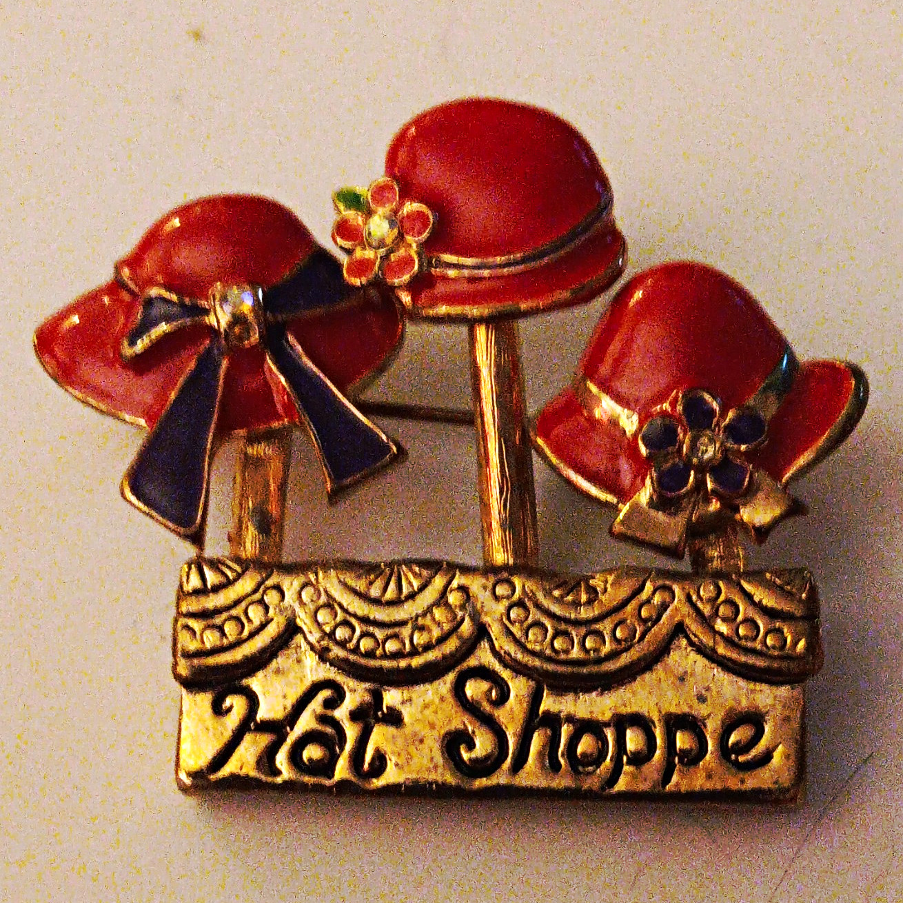 Hat Shoppe Signed Enamel Red Hat Bow Flower Pin Brooch Gold Tone Blue