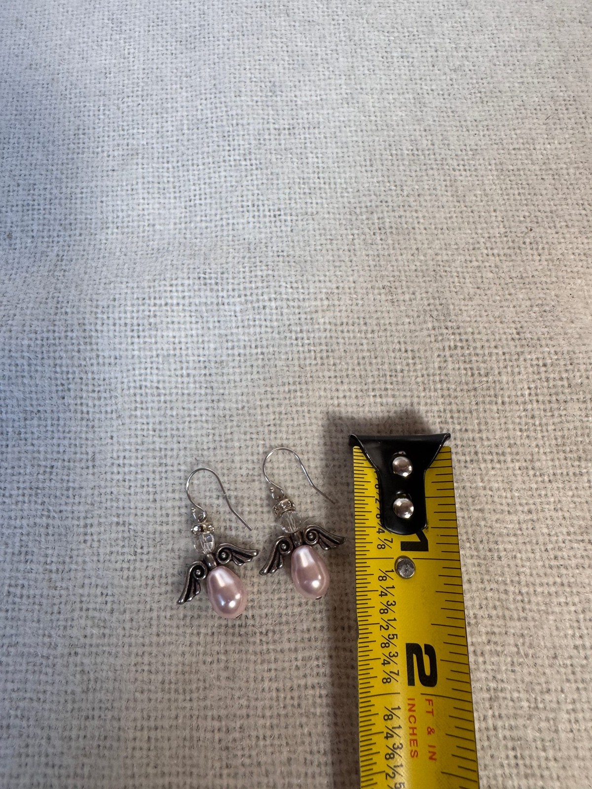 Handmade Pink Faux Pearl Guardian Angel Earrings Silver Tone Wings Faceted Bead