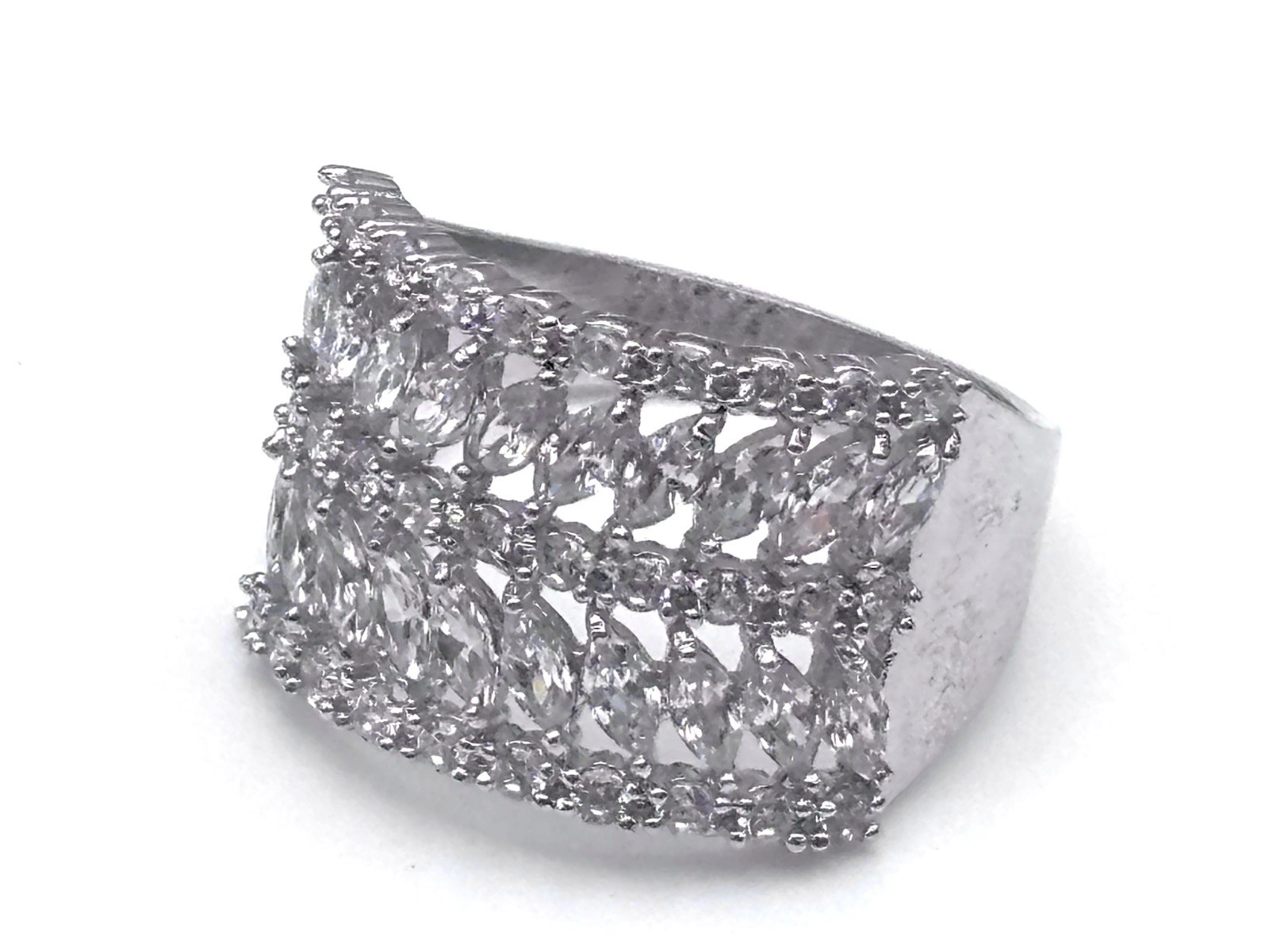CZ Row Ring Size 8.5 8 1/2 Silver Tone White Clear Cubic Zirconia Marquise Round