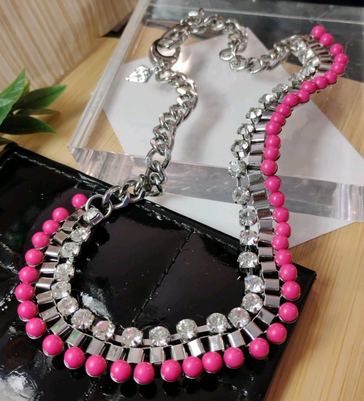 Designer ADORNABLE U Silvery Hot Pink Gem w/Crystal Rhinestones 17″ Necklace!