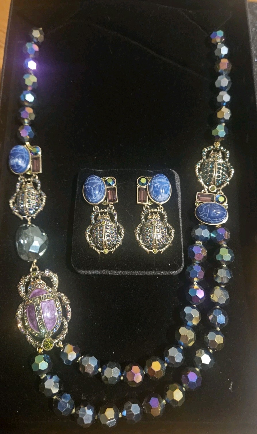 Heidi Daus Scarab Beetle Necklace Earrings Crystal Egyptian Revival Very Rare