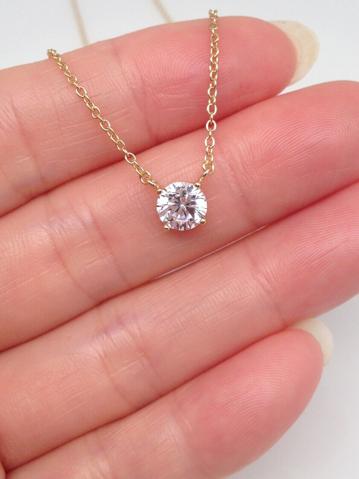 925 Sterling Silver CZ Round Solitaire Pendant Necklace Women 5.8mm 17.25″ Gold