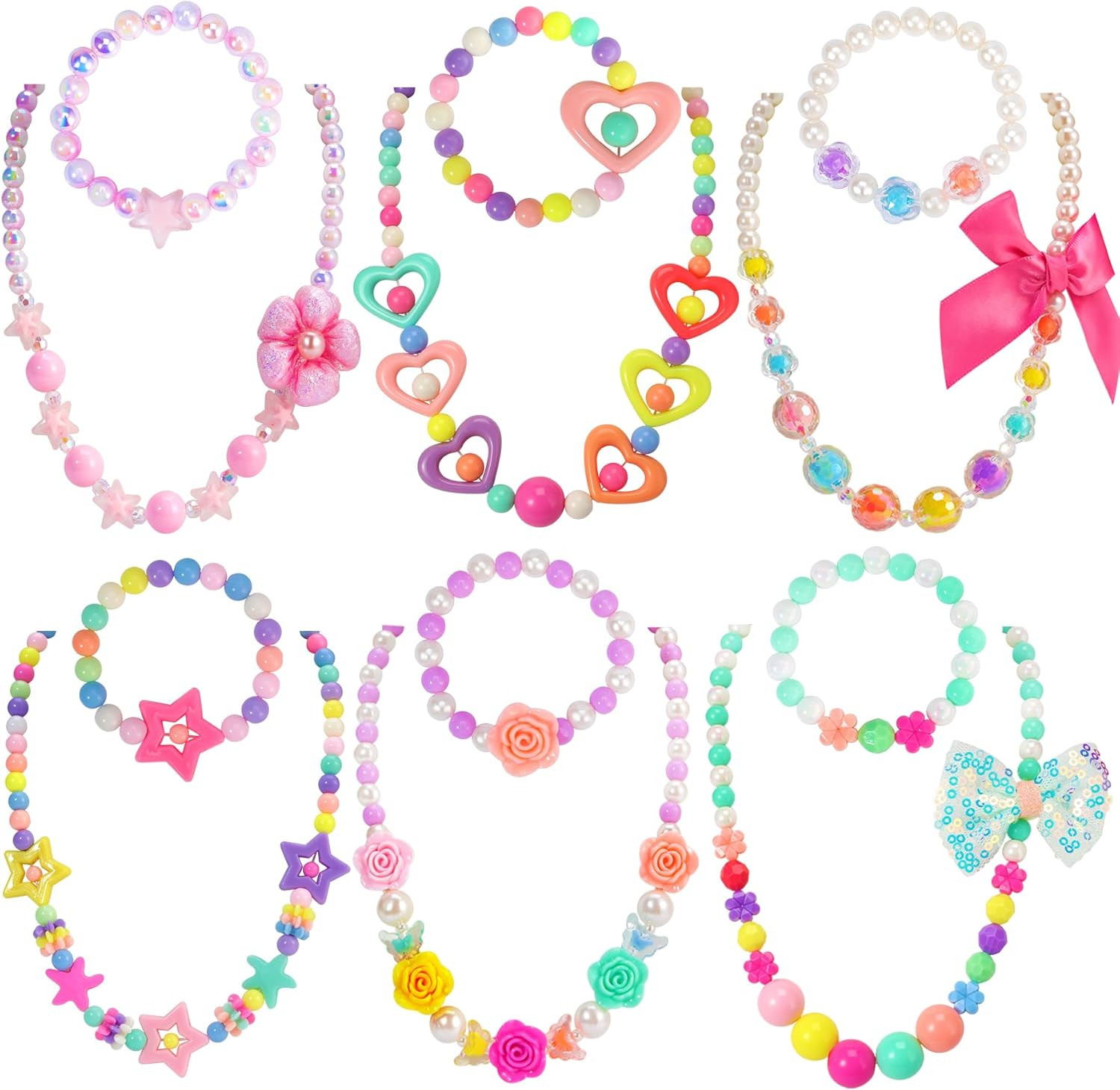 Kids Classic Jewelry, 6 Sets of Beaded Necklaces and Bracelets for Girls, Favors