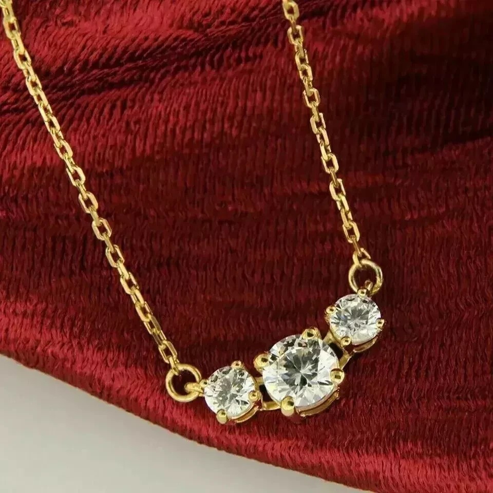 Three Stone Charm Pendant 14k Yellow Gold Plated 2Ct Round Cut Simulated Diamond
