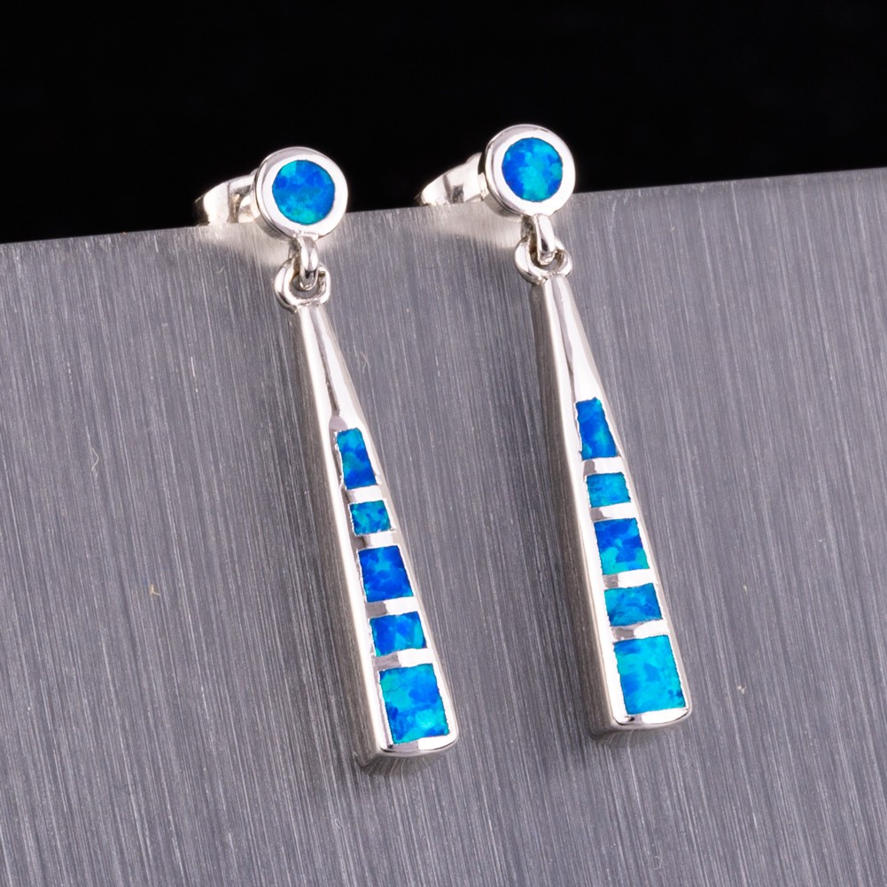 Stick Shape Ocean Blue Fire Opal Silver Jewelry Drop Pierced Earrings