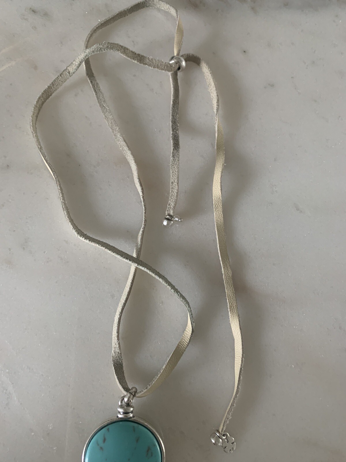 Leather Necklace with Faux Turquoise Teardrop Pendant, other Side w/ Faux Opal