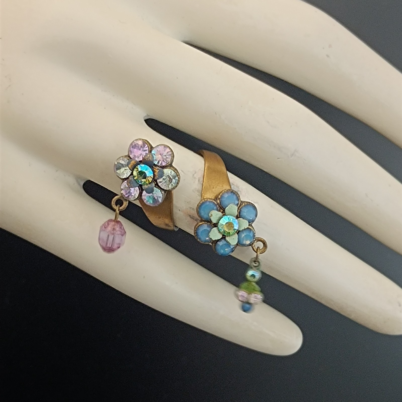 Michal Negrin Split Shank Floral Ring Romantic Boho Crystal Charm Statement VTG
