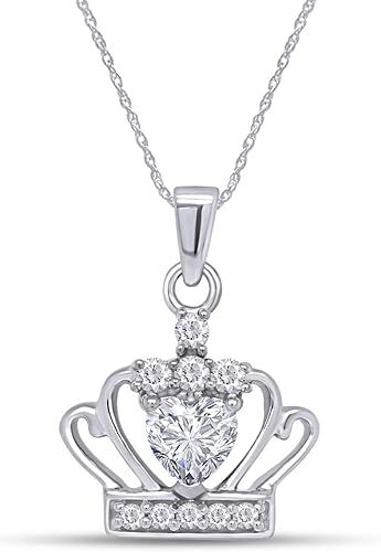 Princess Crown Pendant Necklace Sterling Silver Heart & Round Cut Cubic Zirconia