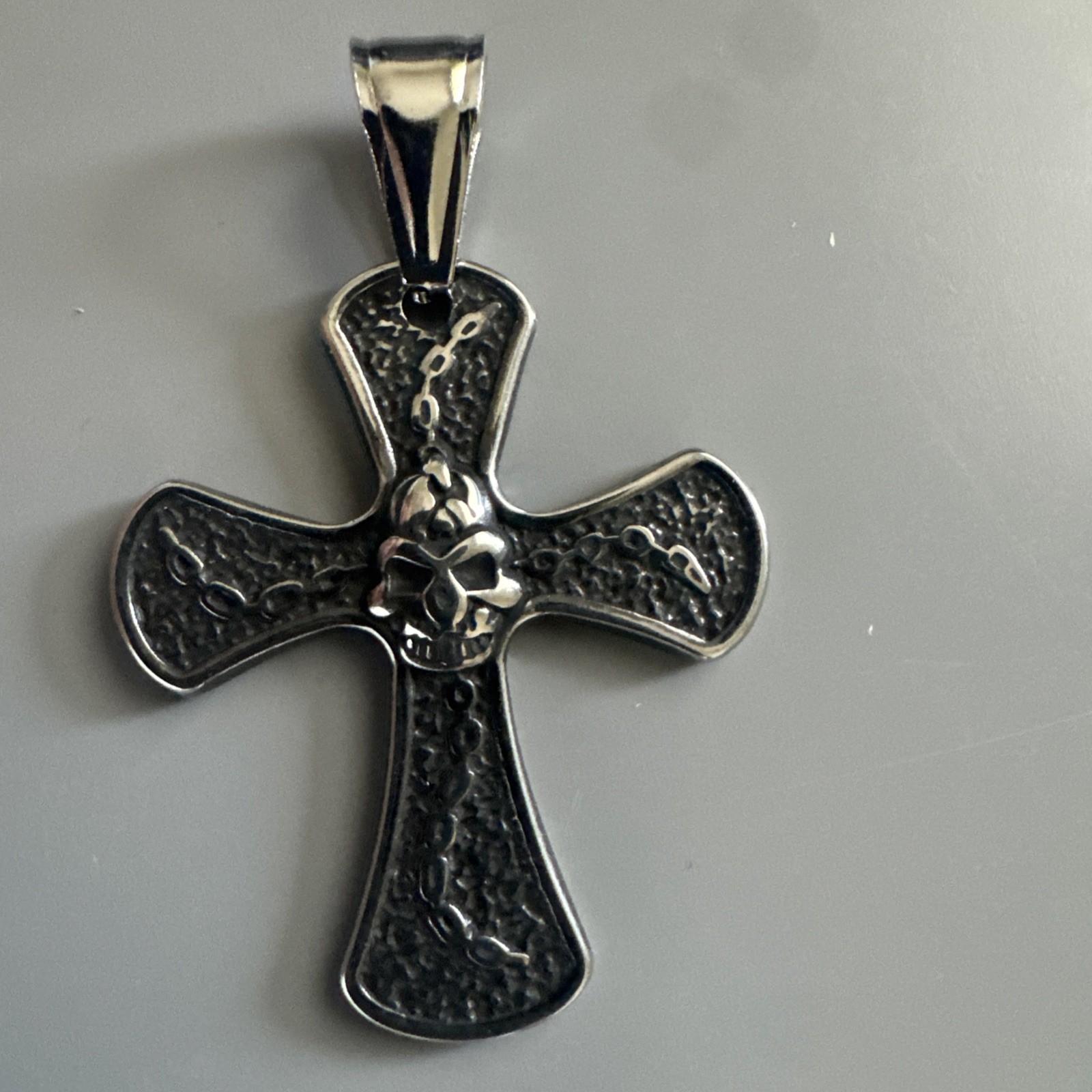 Cross Skull Chains Stainless Steel Pendant 24” Box Chain Viking Gun Metal Plated