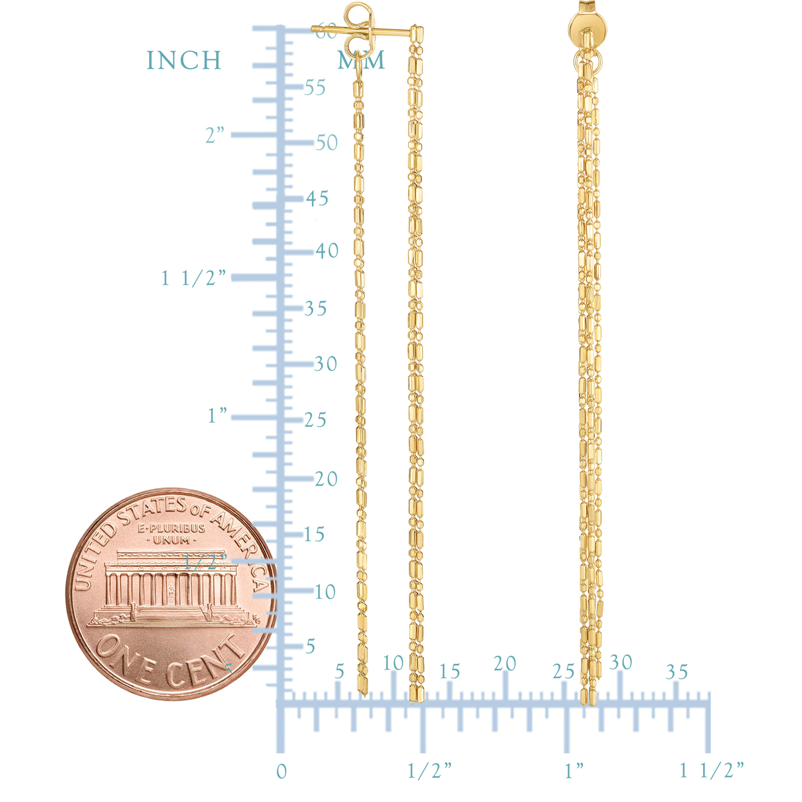 14k Yellow Real Gold Diamond Cut Bead Chain Front And Back Style Drop Earrings