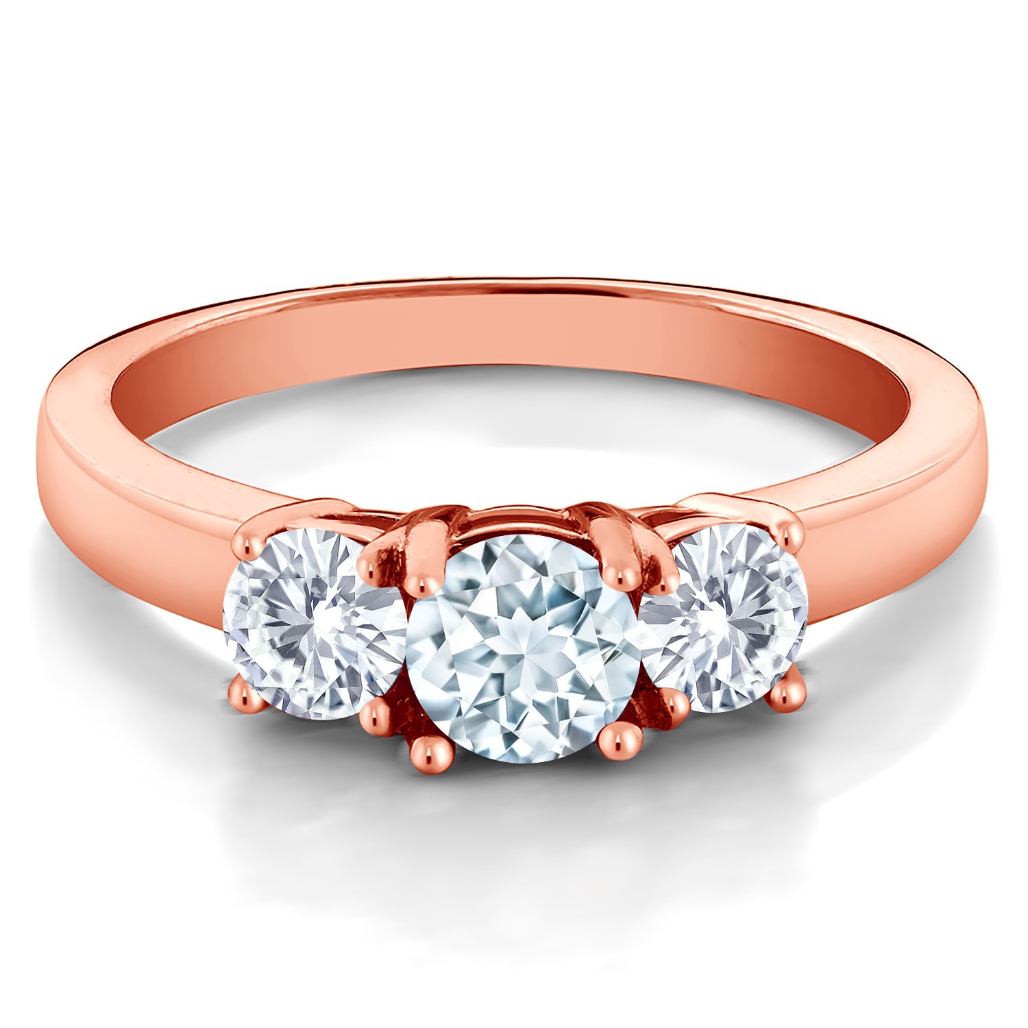 18K Rose Gold Plated Silver 3-Stone Ring Aquamarine Moissanite (0.96 Cttw)