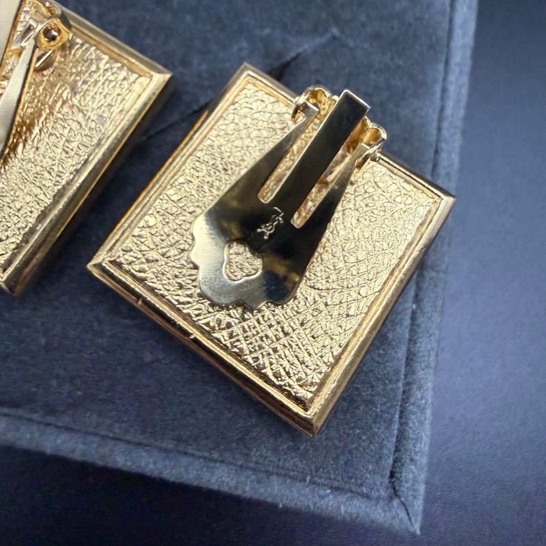 Yves Saint Laurent Earrings YSL Square Engraving Vintage Gold Tone From Japan