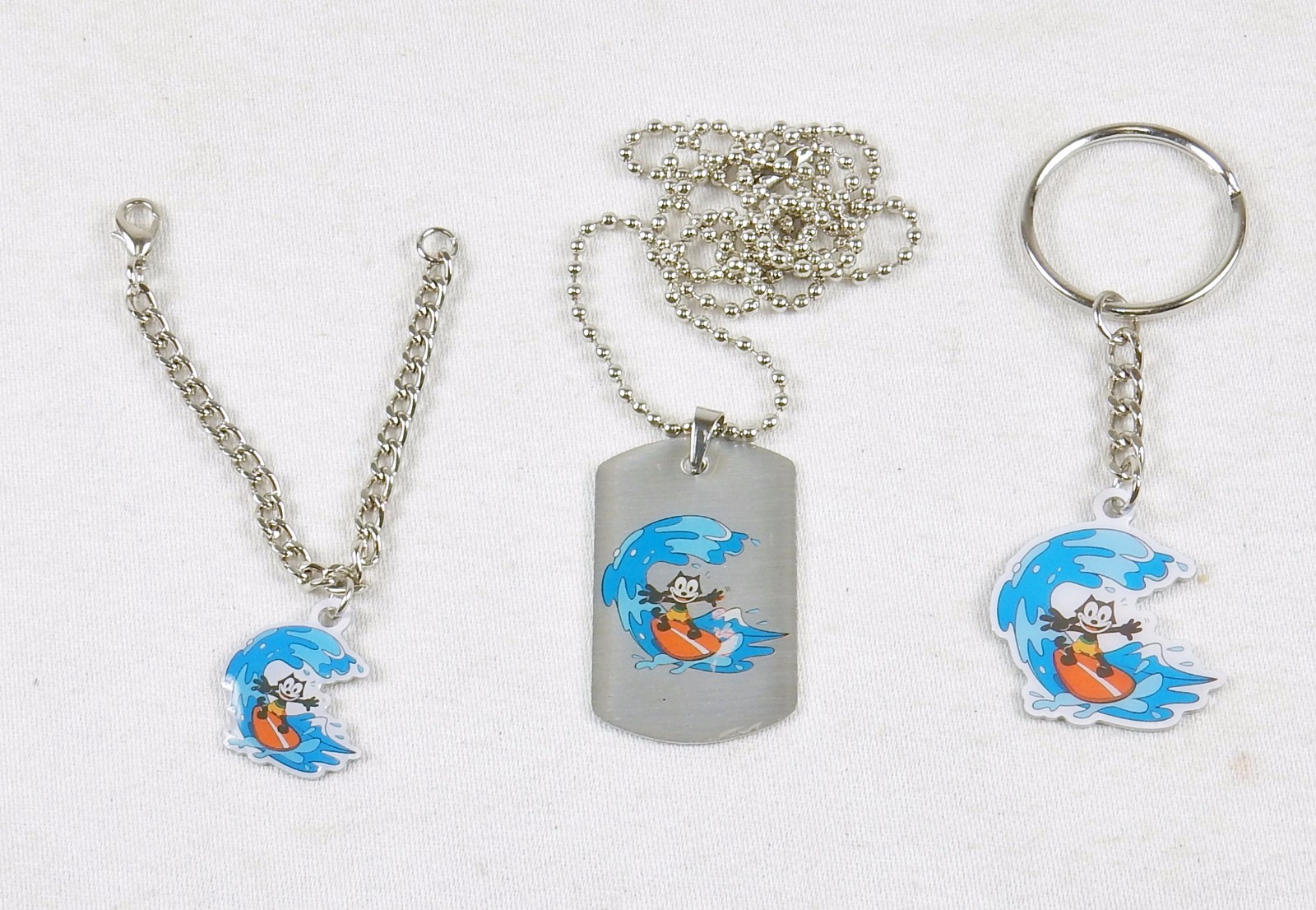 Felix The Cat Jewelry Set ~ Dog Tag, Key Ring, Bracelet 3 pcs~ #FLX-SRF-04 NEW