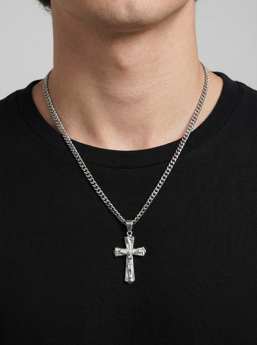 Men’s Silver Crucifix Necklace 4mm Curb Chain, Diamond Cut Cross Pendant, Unisex